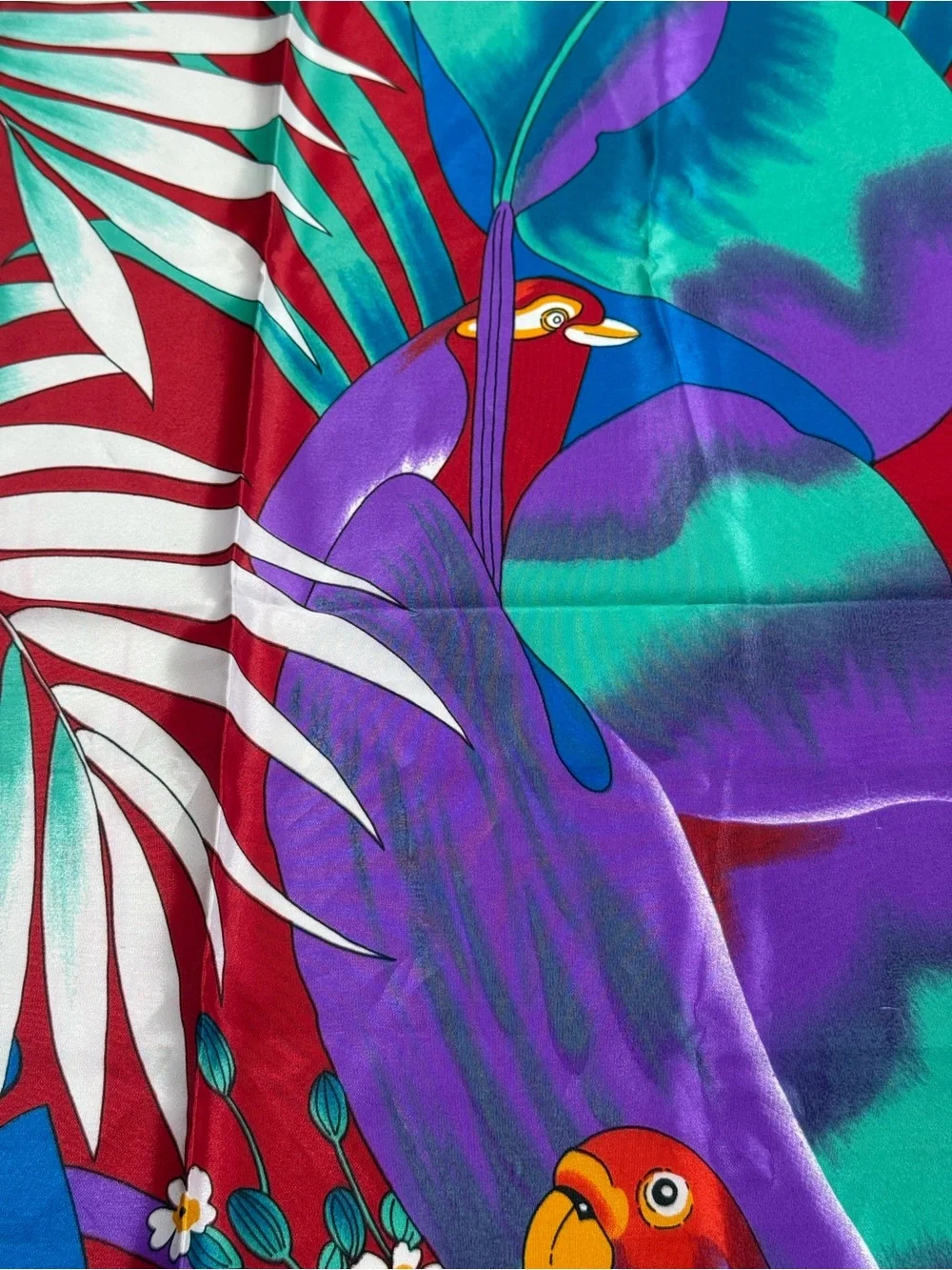 Striking Tropical Birds Palm Leaf Floral Parrot Toucan Silky Vibrant Red Scarf